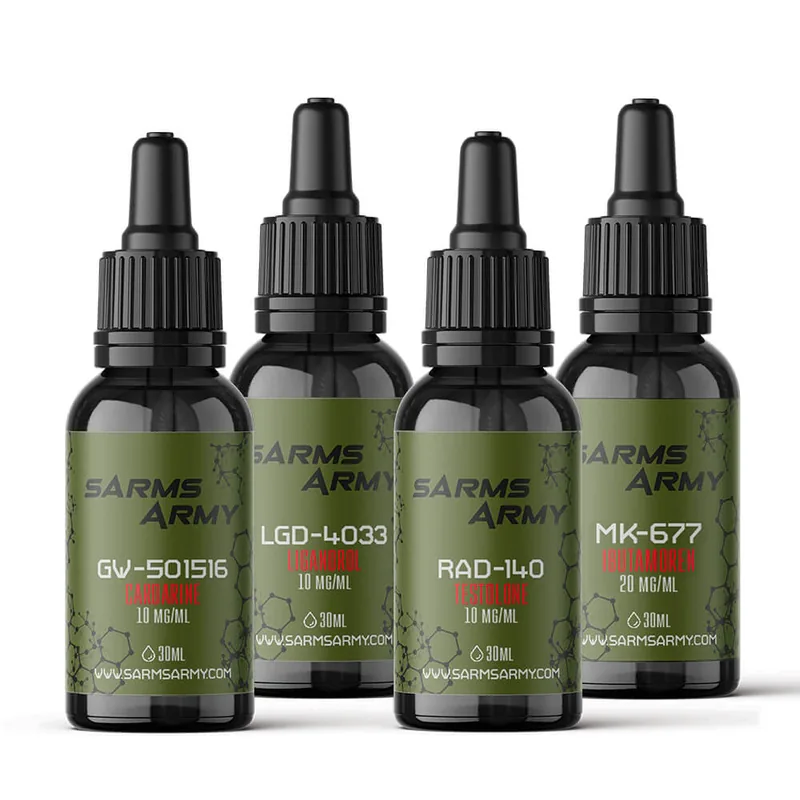 Alpha Stack with RAD-140, MK-677, LGD-4033 and GW-501516 bottles by SARMs Army